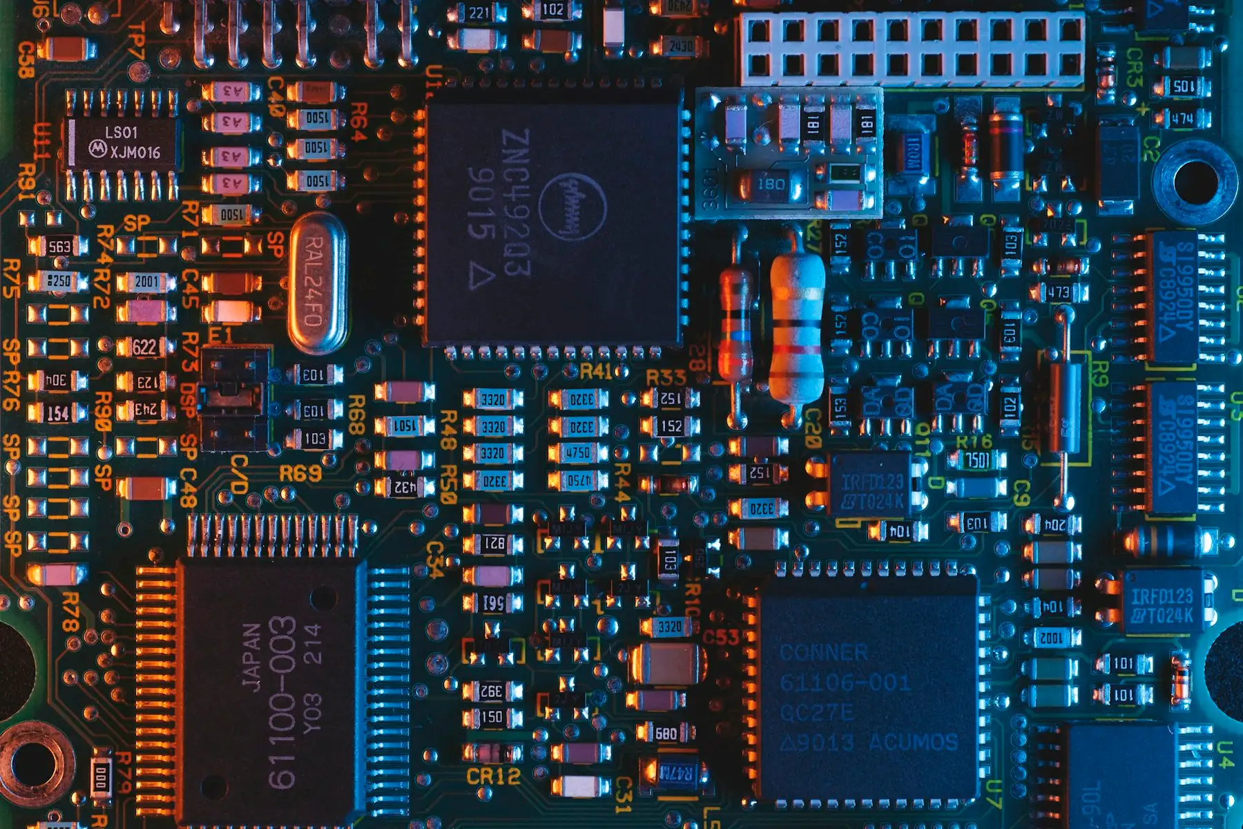 Close-up of a densely populated circuit board