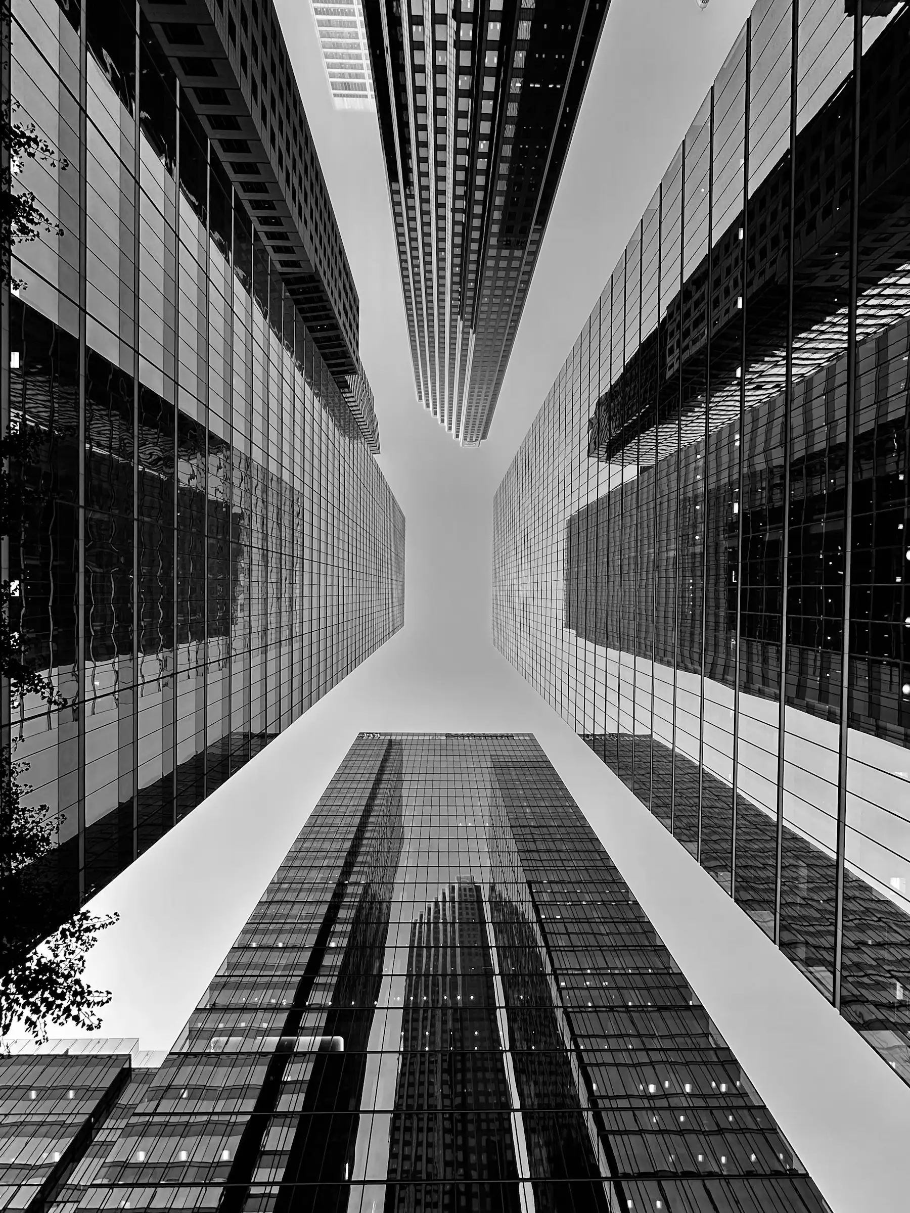 Black-and-white view up between office towers