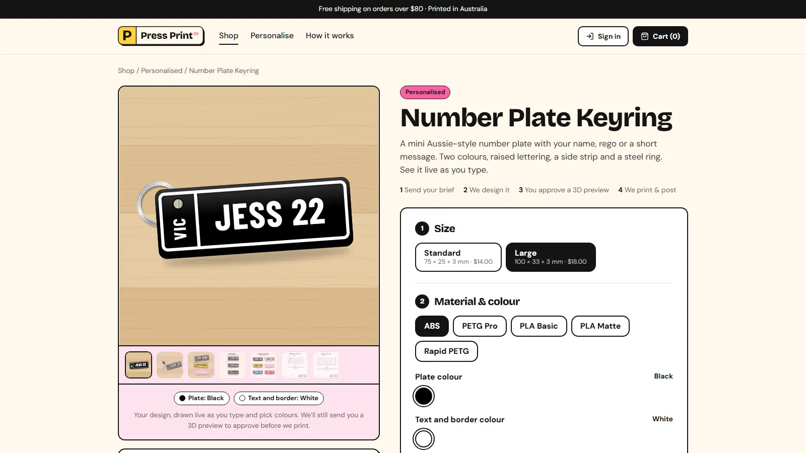 Number plate keyring product page with the live preview