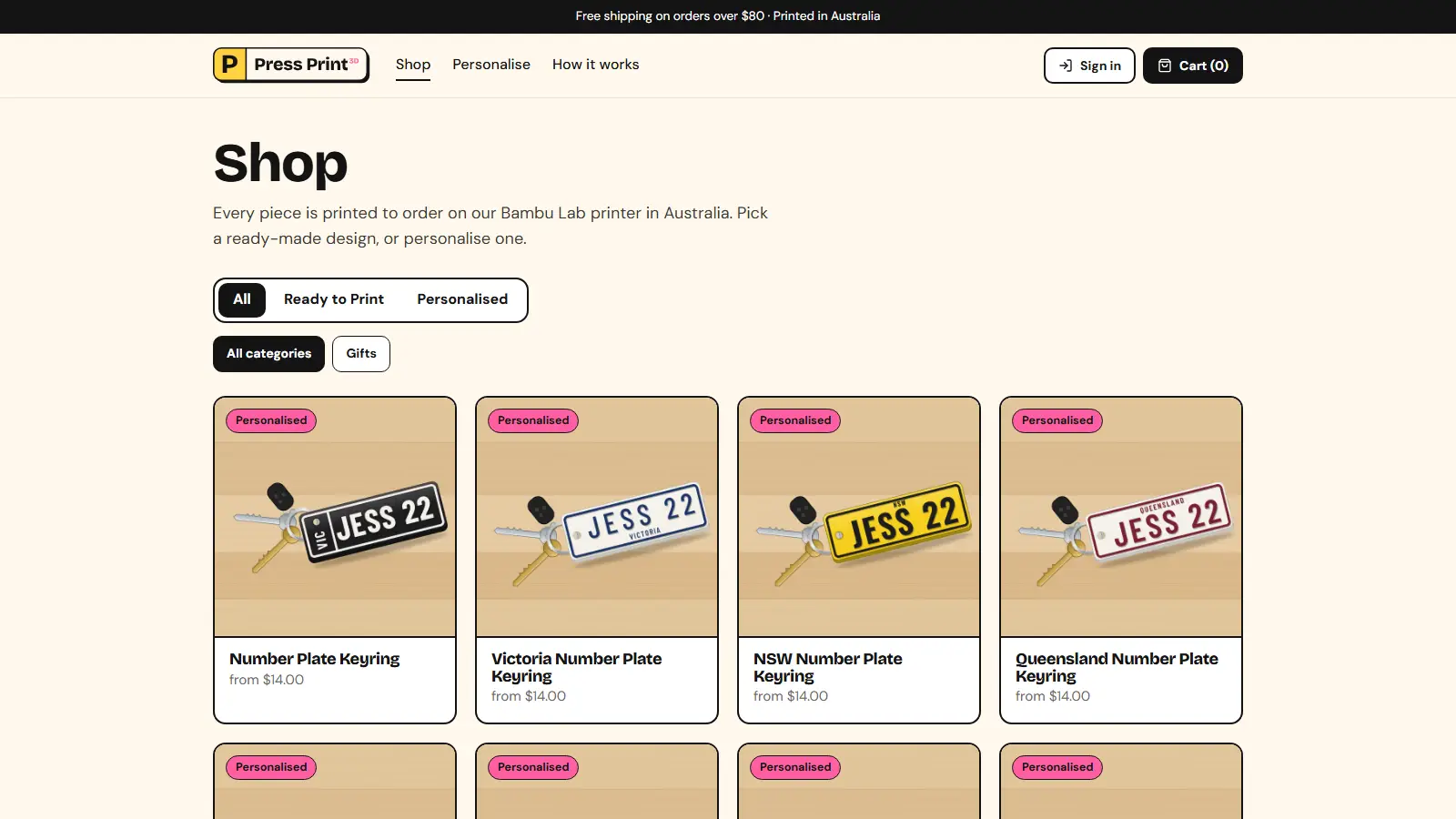 Press Print 3D shop page showing personalised number plate keyrings