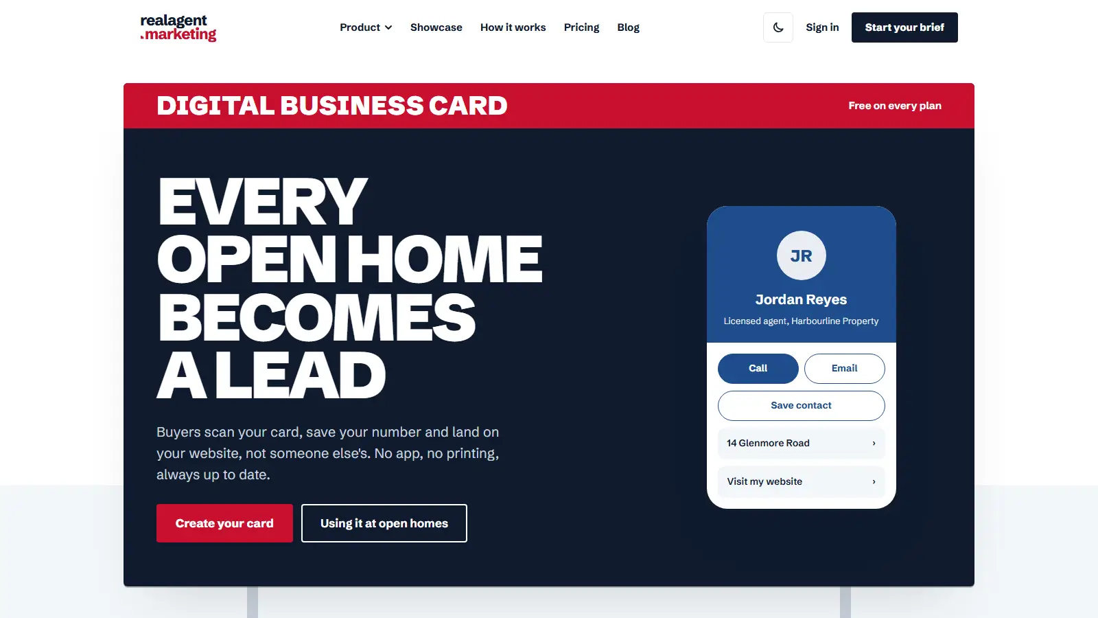 Digital business card page with a sample agent card showing call