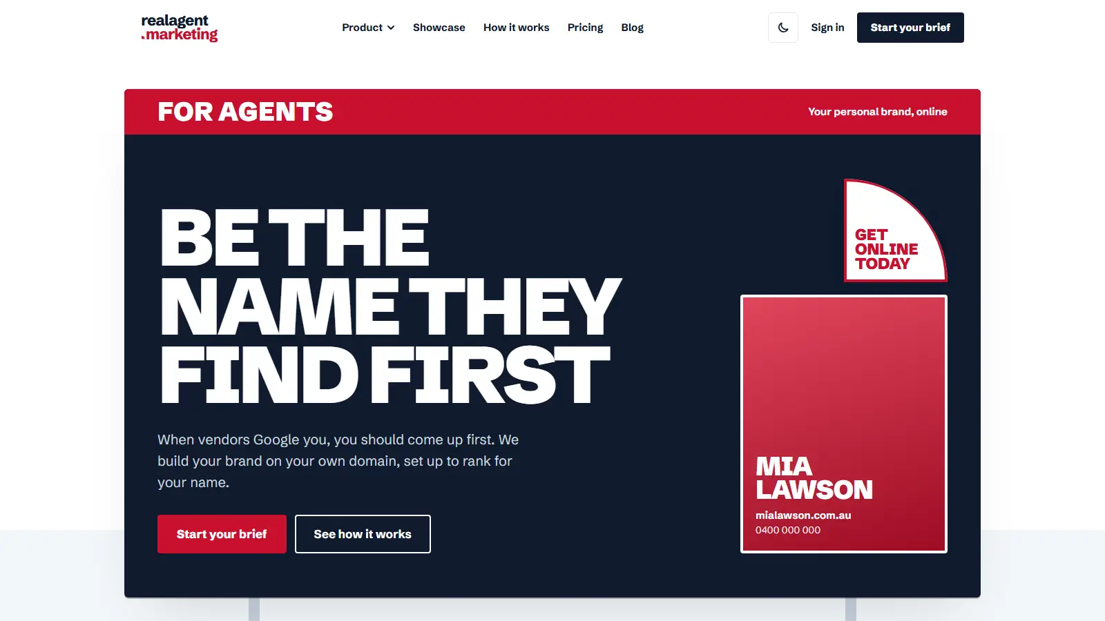 Real Agent Marketing home page with the headline "Be the name they find first" and a sample agent sign