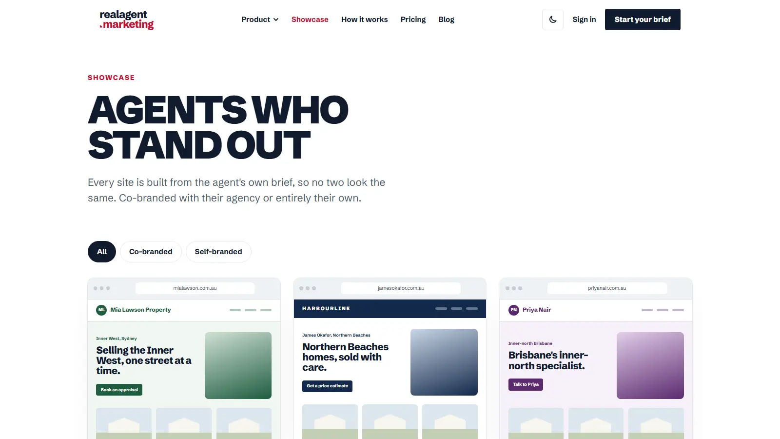 Showcase page with three sample agent websites
